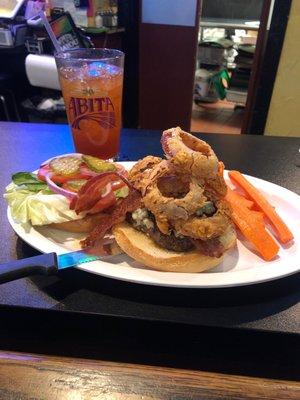 Voodoo Black and Bleu burger. The drink is a Ladybug.