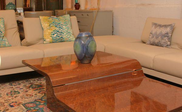 Roche Bobois Leather Sectional, Rare Saporiti Italia Table, Sunserae Smith Pillows, Glazed Ceramic Drip Vase, Oriental Wool & Silk Carpet.