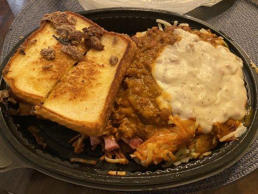 Togo: double texas bacon cheesesteak melt, large hash all the way