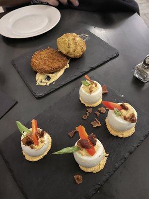 Deviled eggs and crab cake