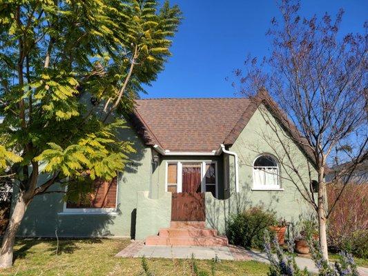 A steep sloped shingle roof that we replaced.