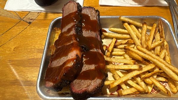 Brisket Sandwich on Cornbread with handcut fries