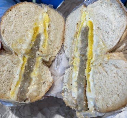 Sausage egg and cheese on a bagel