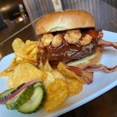 Curd Burger
-1/2lb Burger topped with bacon, bbq, and melty cheese curds.