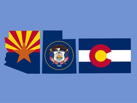 State flags of the three states BGAM Law practices in - CO, UT and AZ