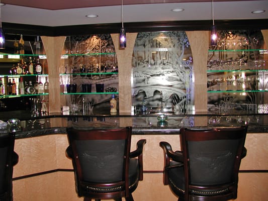 Bar, Furniture, Cabinets, Granite, Glass Shelves