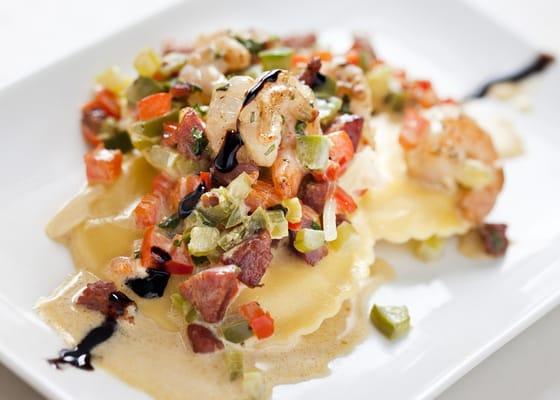 Shrimp & Andouille atop Butternut Squash Raviolis