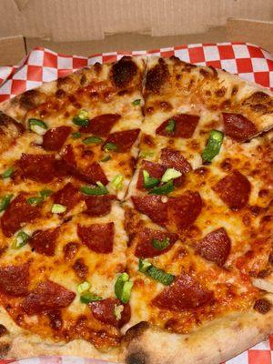 "Unlimited" toppings pepperoni and jalapeños $19