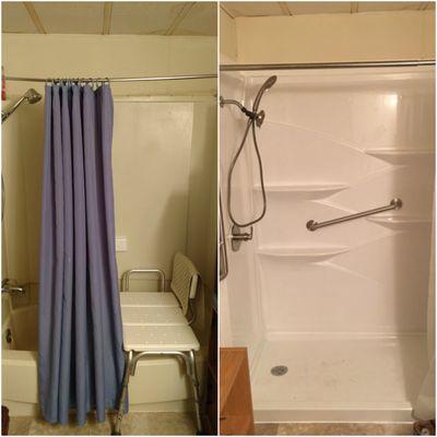 Before and After of a bath remodel to make it wheelchair and handicap accessible.