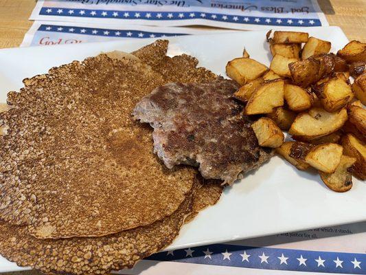 Buckwheat cakes, sausage and homefries