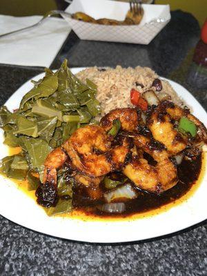 Jerk Shrimp, Collard Greens, Rice and Peas