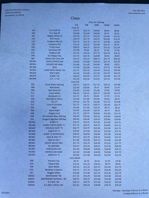 Clay prices for pick up 3/8/23.