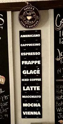 We serve Americano, Cappuccino, Espresso, Mocha, Frappe's, Ice Coffee and many other specialty drinks.