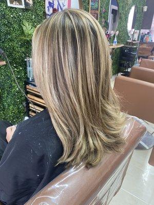 Balayage + base color with a low maintenance hair cut