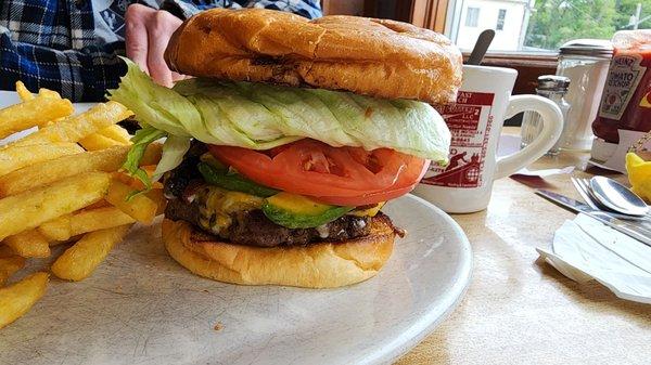 This is the stacked burger put together.   Also available with a perfectly cooked grilled chicken breast instead of a beef patty.