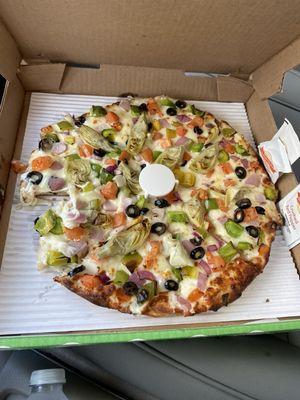 Omg , I ordered a vegetarian pizza. I could not wait. I started to eat the pizza on the way home , it was delicious,