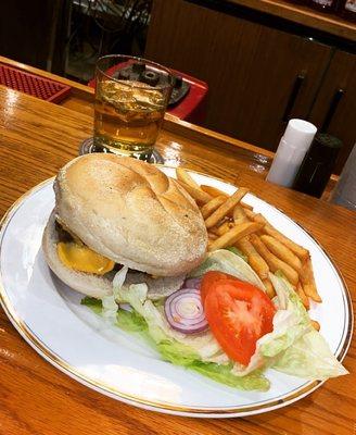 Bar area. Juicy cheese burger w/fries!