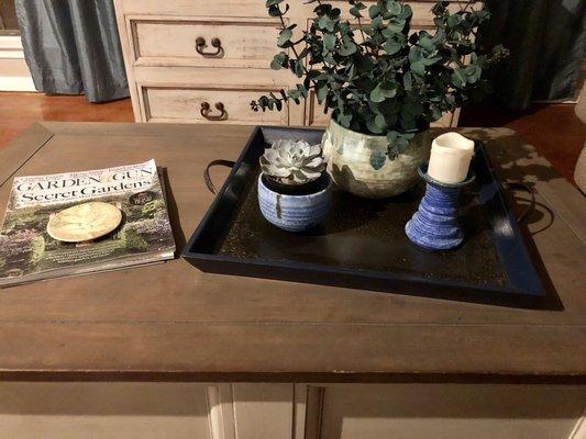 Today's find was the gorgeous pot (I added the eucalyptus) and the blue candleholder, both of which are  McCarty.