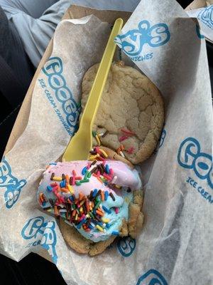 Sugar cookie with cotton candy ice cream and sprinkles