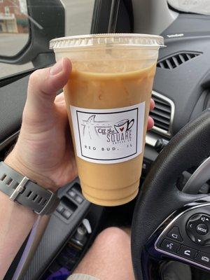 Large iced coffee with sugar free White chocolate and butterscotch caramel.