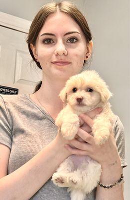 Danielle with one of our puppies during her well check