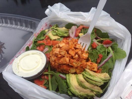 Chipotle Chicken & Avocado Salad. Around $8. It's my fav!