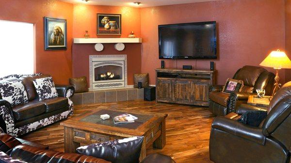 Beautiful living room with handscraped teak floors.