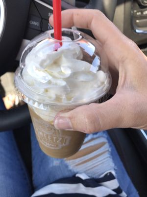 Caramel frozen latte with almond milk & whipped cream