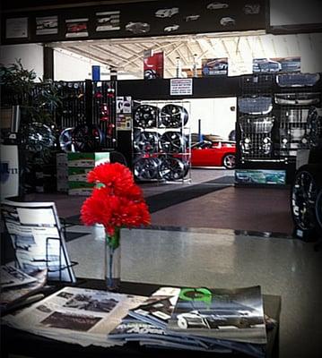 Waiting Area has a great show room for browsing parts and you can see the progress of your car while you wait