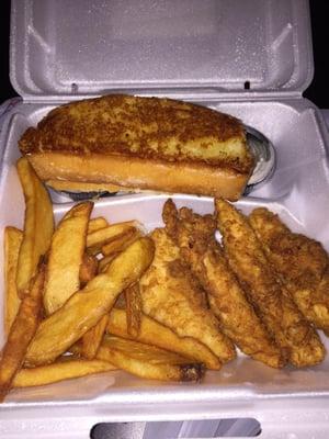 The fries are about the same size as the chicken strips.