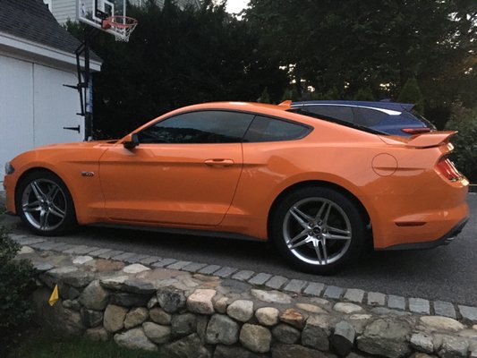 Orange Mustang tinted windows