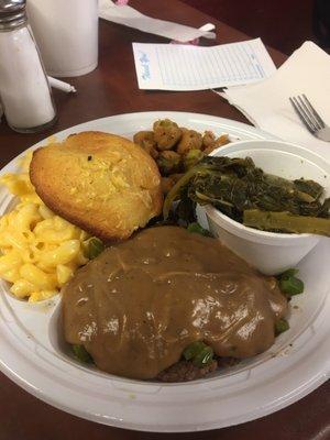 Hamburger steak w peppers onions and gravy, Mac and cheese, okra, turnip greens and cornbread muffin.