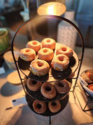 Freshly made donuts presented on our morning breakfast buffet.