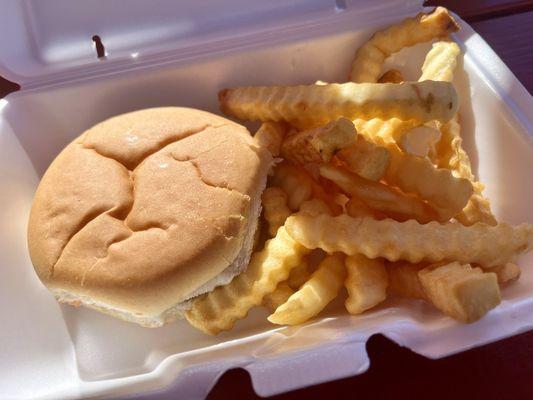 Hamburger and crinkle fries