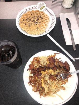 Hash brown bowl with bacon, and cheese no eggs and pecan waffle