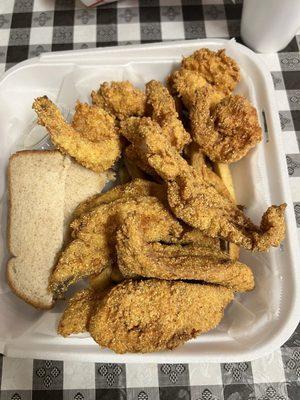 red snapper, prawns and fries