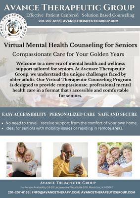 Virtual Mental Health Counseling for Senior Citizens. Counseling from the comfort and safety of home. Mental Health Counseling Montclair, NJ