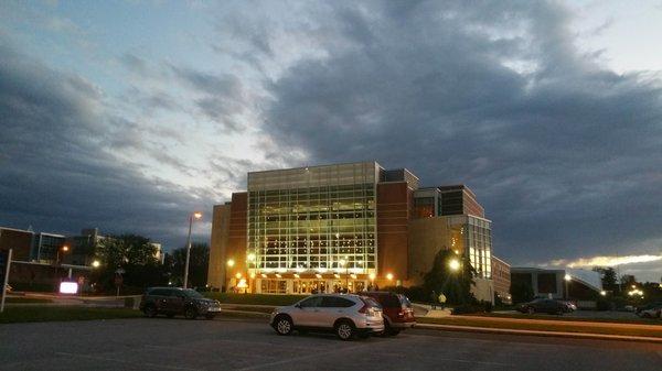 Outside of the front of the building from the parking lot.