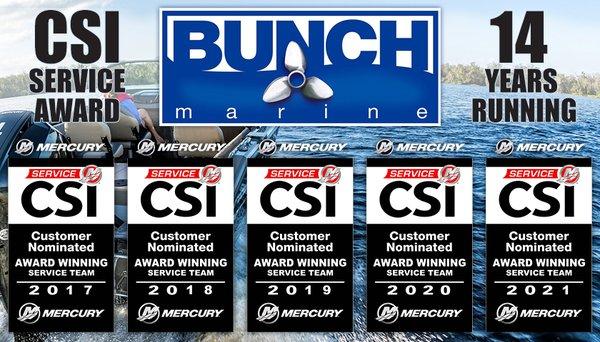 Bunch Marine has won the coveted Mercury Marine CSI Award for Customer Service, 14 Years In A Row!