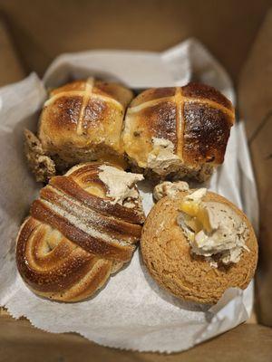 Hot cross buns, cardamom bun, seasonal choux (pineapple)