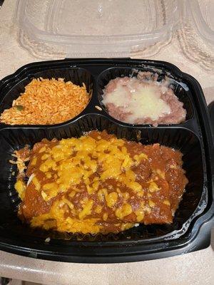 Beef enchiladas are always a favorite of mine. You can always change the sauce you prefer. Paired with their delicious rice and beans!