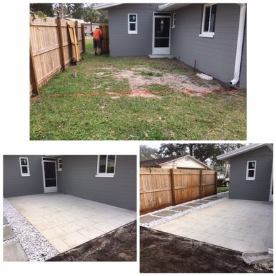 Before and after a back patio and walkway was installed. Customer was looking for 30x30 step stones, so we formed and poured them onsite.