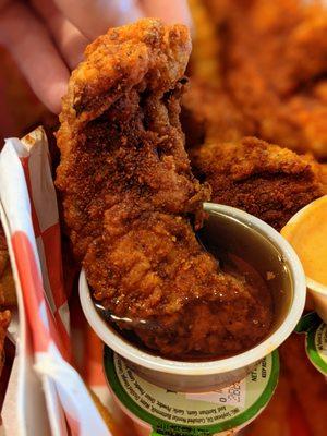 Chicken Tender dipped in Maple Syrup. Tenders are $8 alone, $10 with fries. Syrup is $1.