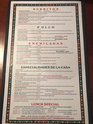 Lunch Menu for La Potosina