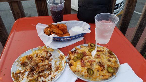 Pork nachos and chili cheese fries.