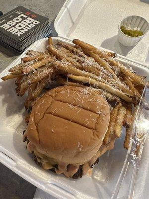 Smash burger and Parmesan truffle fries