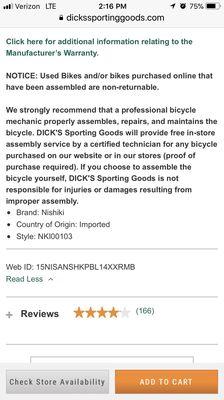 DO NOT BUY AT DICK'S! Bought a bike for a homeless guy and they wouldn't let us return it.