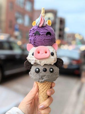 Ube unicorn, cookie monster pig, black sesame panda