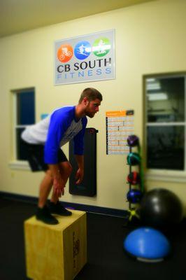 Plyo box with 3 different heights (18/20/24"), medicine balls, bosu, yoga balls, as well as exercise posters posted around the gym.