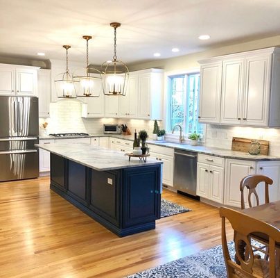 We sprayed this kitchen cabinetry and island in Farrow & Ball paint using our Modern Eggshell finish